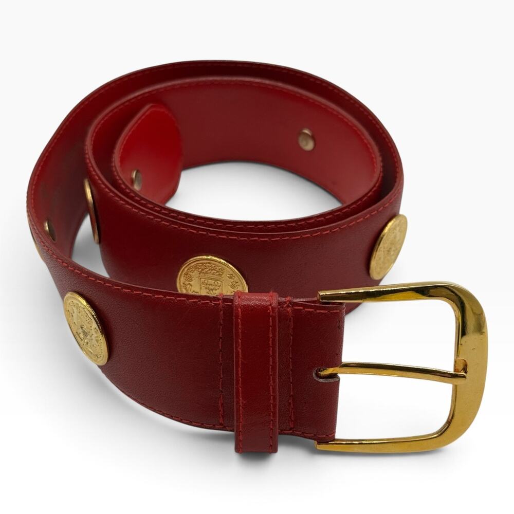 Vintage Arrivanto Womens M Red Leather Belt Gold Coin Medallion 80s Statement